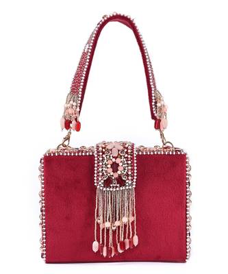 Sara maroon suede embellished box bag 2