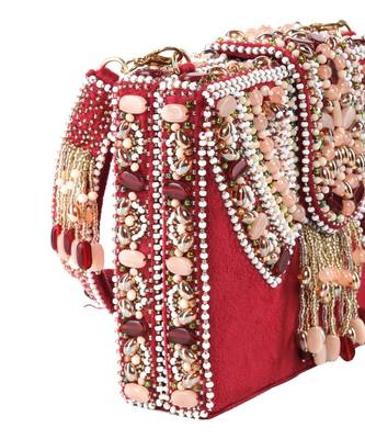 Sara maroon suede embellished box bag 3