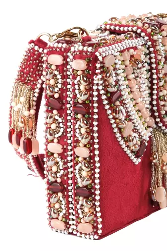 Sara maroon suede embellished box bag