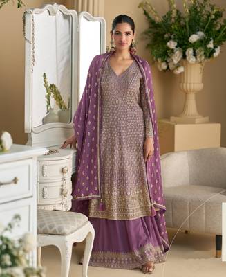 peplum style purple georgette suit set for women 1