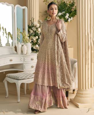 peplum style pink georgette suit set for women 1