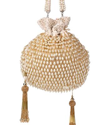 Adara ivory suede potli with pearl gold hanging 1