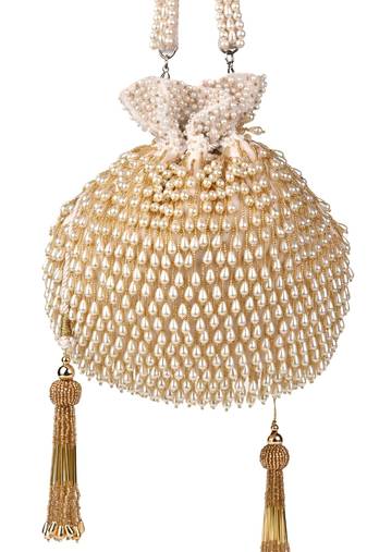 Adara ivory suede potli with pearl gold hanging