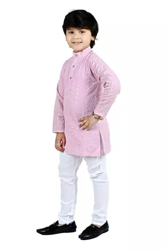 Pink viscose chikankari embroidered sequins kurta and pyjama set