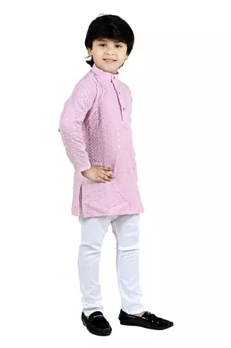 Pink viscose chikankari embroidered sequins kurta and pyjama set