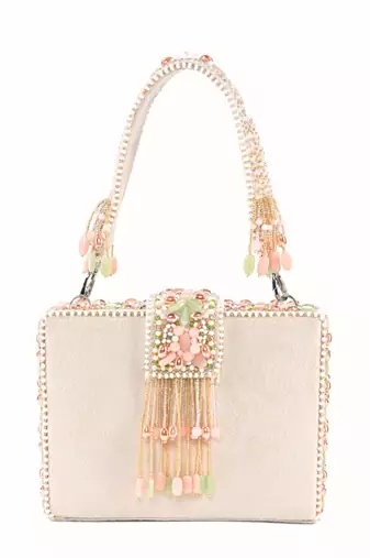 Sara ivory suede embellished box bag