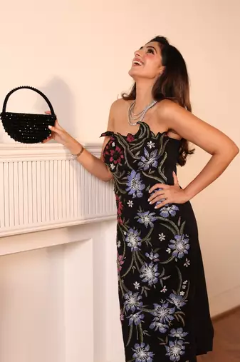 Clara black suede embellished hand bag