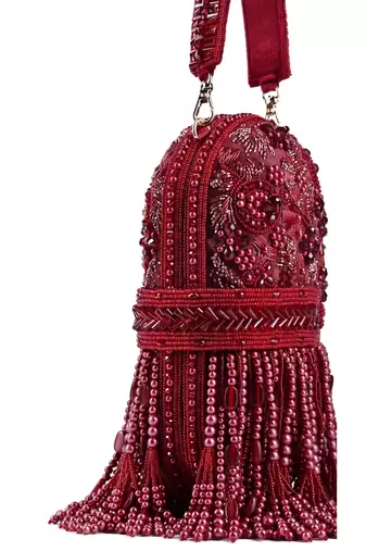Azmat maroon suede embellished capsule bag