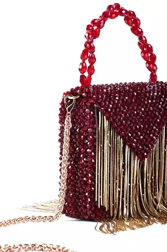 Natali maroon embellished mini bag with gold chain