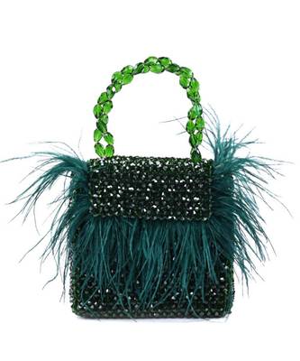 Natali green embellished mini bag with feathers 1