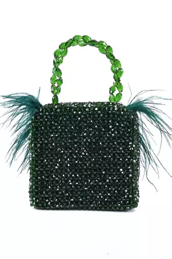 Natali green embellished mini bag with feathers