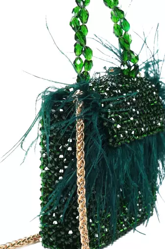 Natali green embellished mini bag with feathers