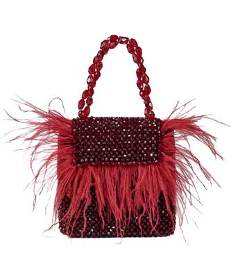 Natali red embellished mini bag with feathers 1