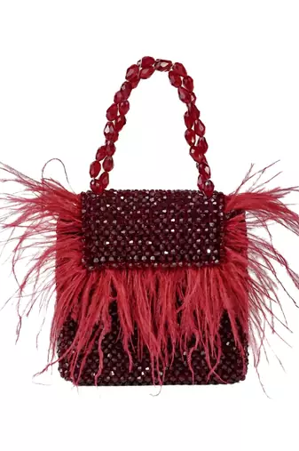 Natali red embellished mini bag with feathers