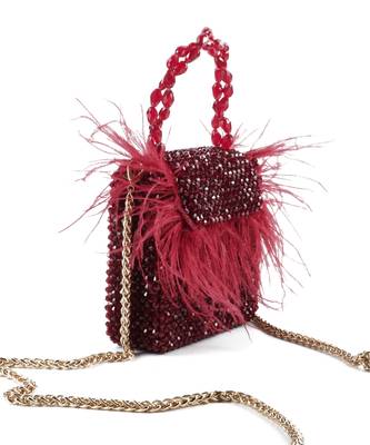 Natali red embellished mini bag with feathers 2