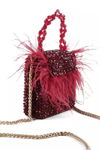 Natali red embellished mini bag with feathers