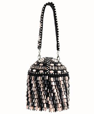 Elly black suede crystal embellished bucket bag 1