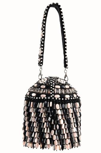 Elly black suede crystal embellished bucket bag