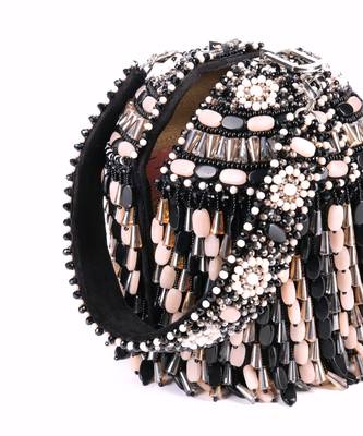 Elly black suede crystal embellished bucket bag 2