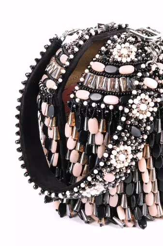 Elly black suede crystal embellished bucket bag