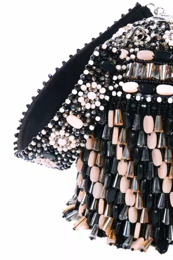 Elly black suede crystal embellished bucket bag