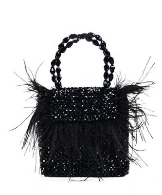 Natali black embellished mini bag with feathers 1