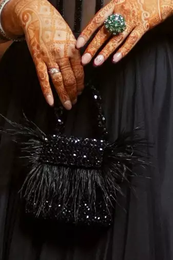 Natali black embellished mini bag with feathers