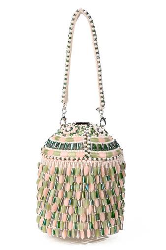 Elly pastel green suede crystal embellished bucket bag