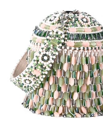 Elly pastel green suede crystal embellished bucket bag 2