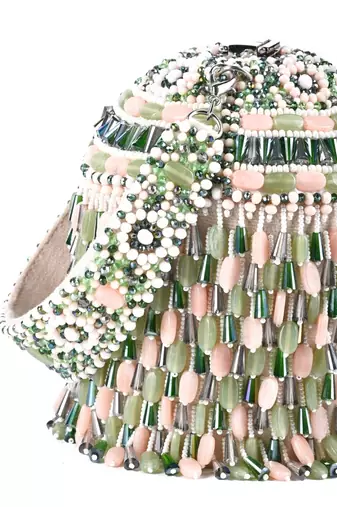 Elly pastel green suede crystal embellished bucket bag