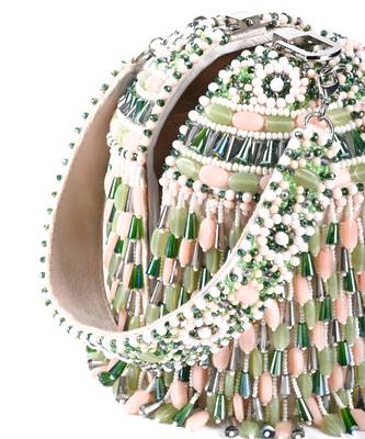 Elly pastel green suede crystal embellished bucket bag 3
