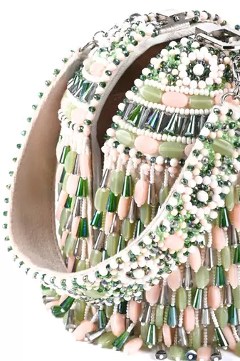 Elly pastel green suede crystal embellished bucket bag
