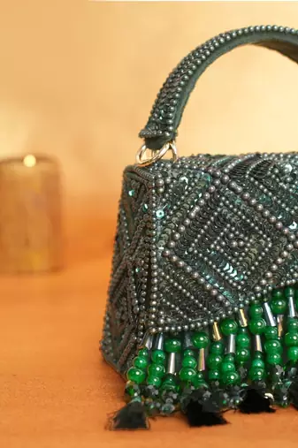 Elara green suede embellished box bag
