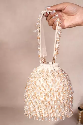 Kelly ivory pastel suede embellished bucket bag