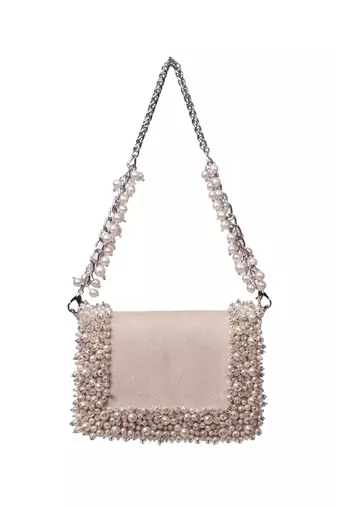 Aliya ivory suede pearl embellished clutch
