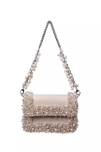 Aliya ivory suede pearl embellished clutch
