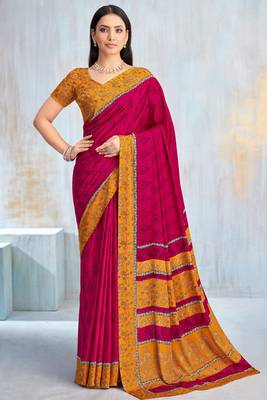 Magenta paisley floral printed crepe saree with printed unstitch blouse 1