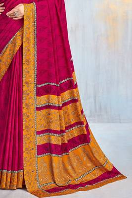 Magenta paisley floral printed crepe saree with printed unstitch blouse 5