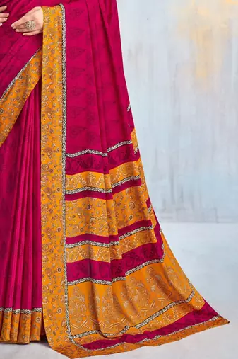 Magenta paisley floral printed crepe saree with printed unstitch blouse