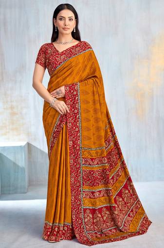 Mustard paisley floral printed crepe saree with printed unstitch blouse