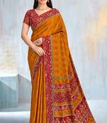 Mustard paisley floral printed crepe saree with printed unstitch blouse