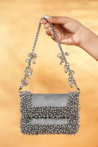 Elana grey suede crystal embellished mini bag