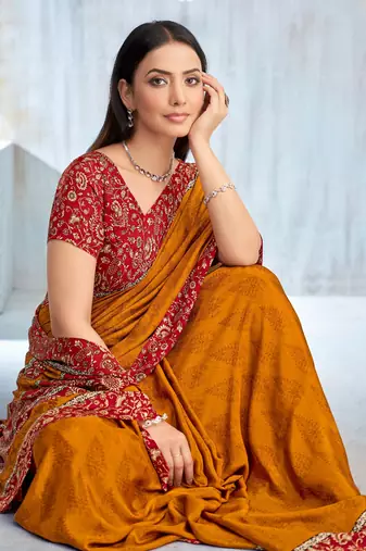 Mustard paisley floral printed crepe saree with printed unstitch blouse