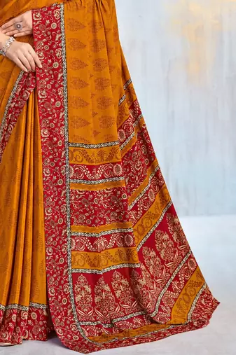 Mustard paisley floral printed crepe saree with printed unstitch blouse