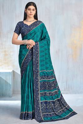 Teal green paisley floral printed crepe saree with printed unstitch blouse 1