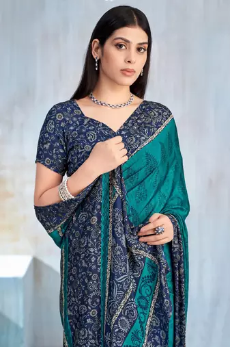 Teal green paisley floral printed crepe saree with printed unstitch blouse