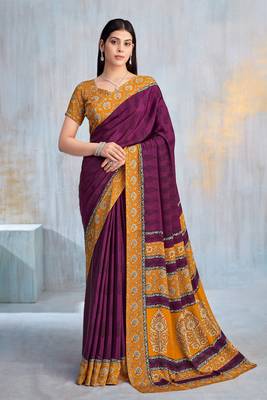 Wine paisley floral printed crepe saree with printed unstitch blouse 1