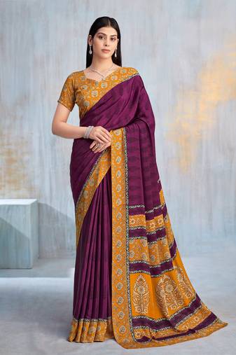 Wine paisley floral printed crepe saree with printed unstitch blouse
