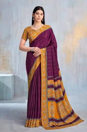 Wine paisley floral printed crepe saree with printed unstitch blouse
