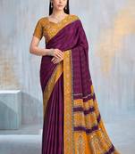 Wine paisley floral printed crepe saree with printed unstitch blouse